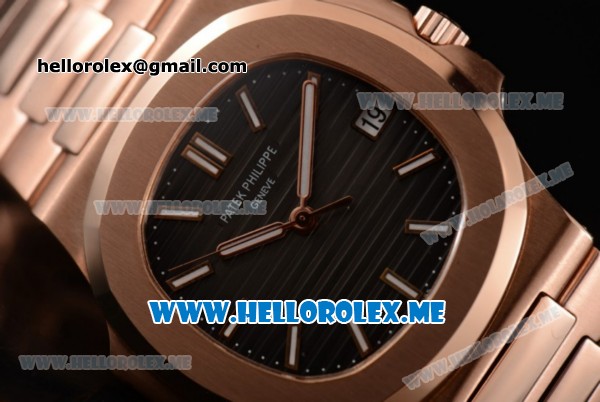 Patek Philippe Nautilus Miyota 9015 Automatic 18K Rose Gold Case/Bracelet with Black Dial and Stick Markers (BP) - Click Image to Close
